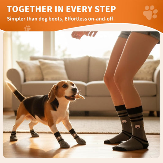 Non-Slip Dog Socks & Owner Sock Set- Extra-Grip, Paw Protection for Senior & Active Dogs(Grey,L)