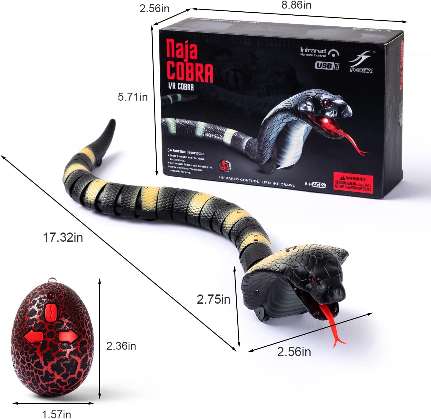 RC Snake Toy: Realistic Prank Cobra, Rechargeable, Smart Sensing, Infrared Controller for Kids/Cat (Black)