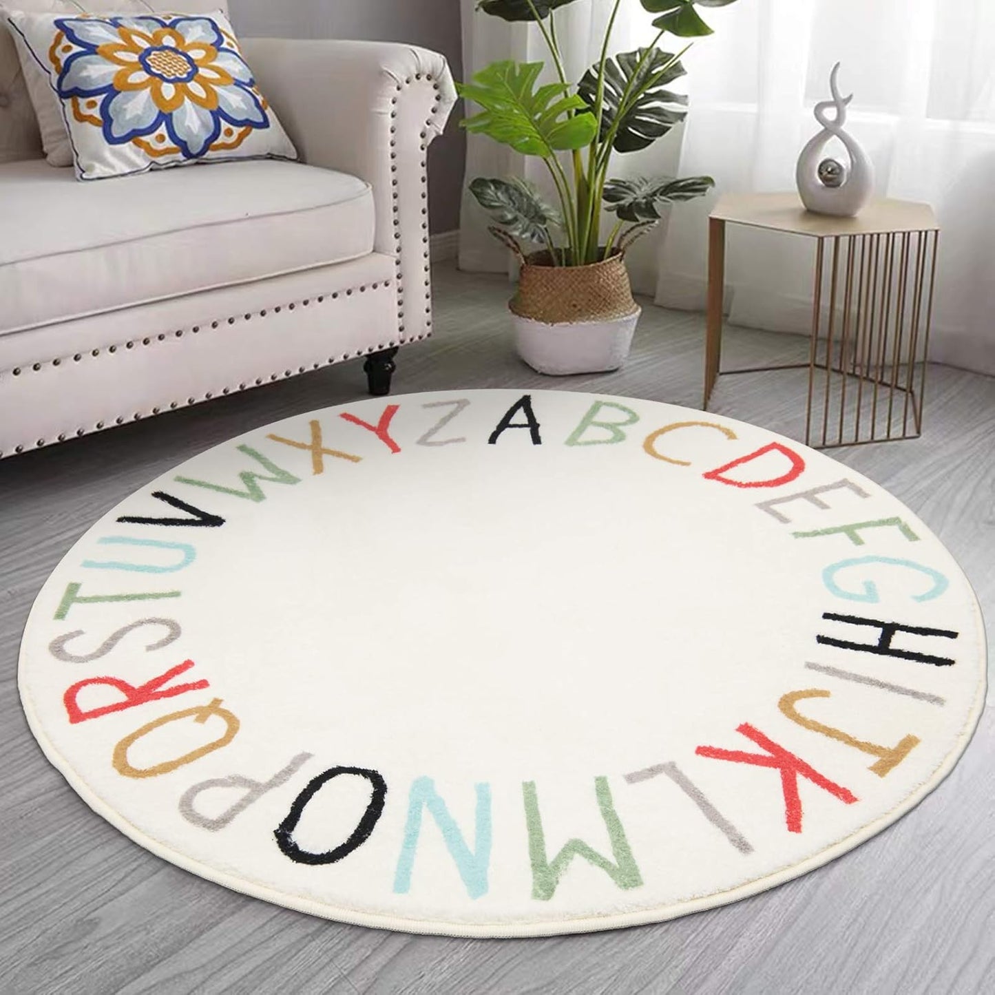 Topotdor Rainbow Round Kids Play Rug Alphabet Nursery Area Rug Extra Large Soft Crawling Play Mat for Children Toddlers Bedroom (47 inch, Multi Color)