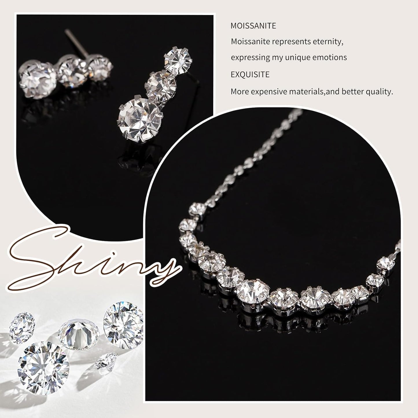 Eyesoul Silver Plated Jewelry Set for Women Rhinestone Crystal Necklace Drop Earrings Link Bangle Bracelet Bridal Wedding Jewelry Sets for Brides Bridemaid Prom Costume Accessories