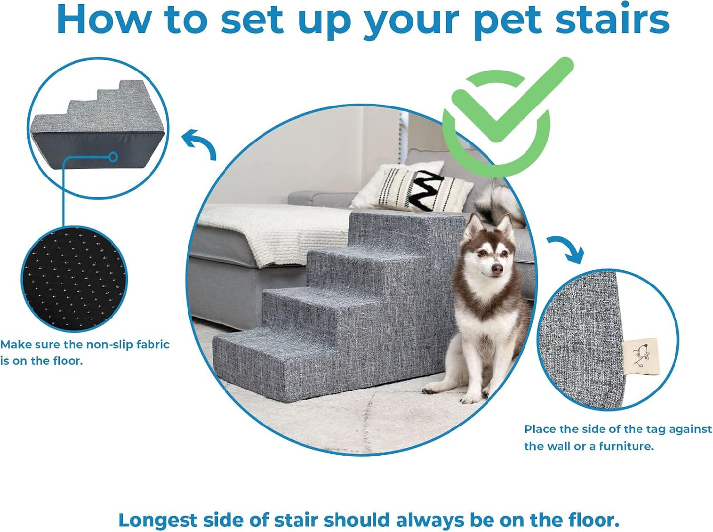 Best Pet Supplies Foldable Foam Pet Steps for Small Pets, Portable Ramp Stairs for Couch, Sofa, & High Bed Climbing, Non-Slip Balanced Indoor Step Support, Paw Safe - Ash Gray Linen, 3-Step