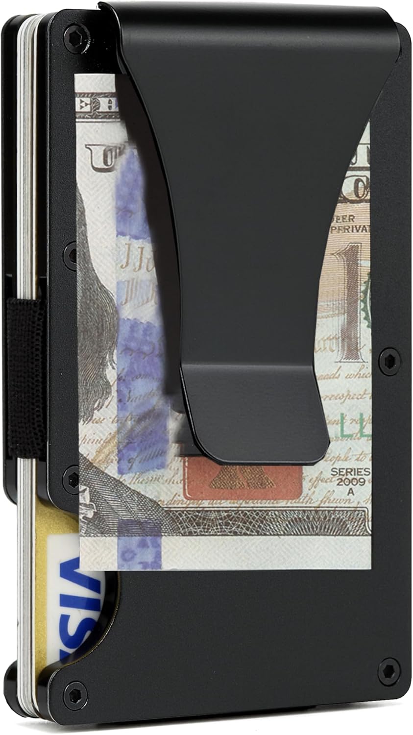 Wallet for Men, Slim Minimalist Carbon Fiber Wallet with Metal Money Clip/Cash Strap, RFID Blocking Aluminum Card Holder,Matte Black