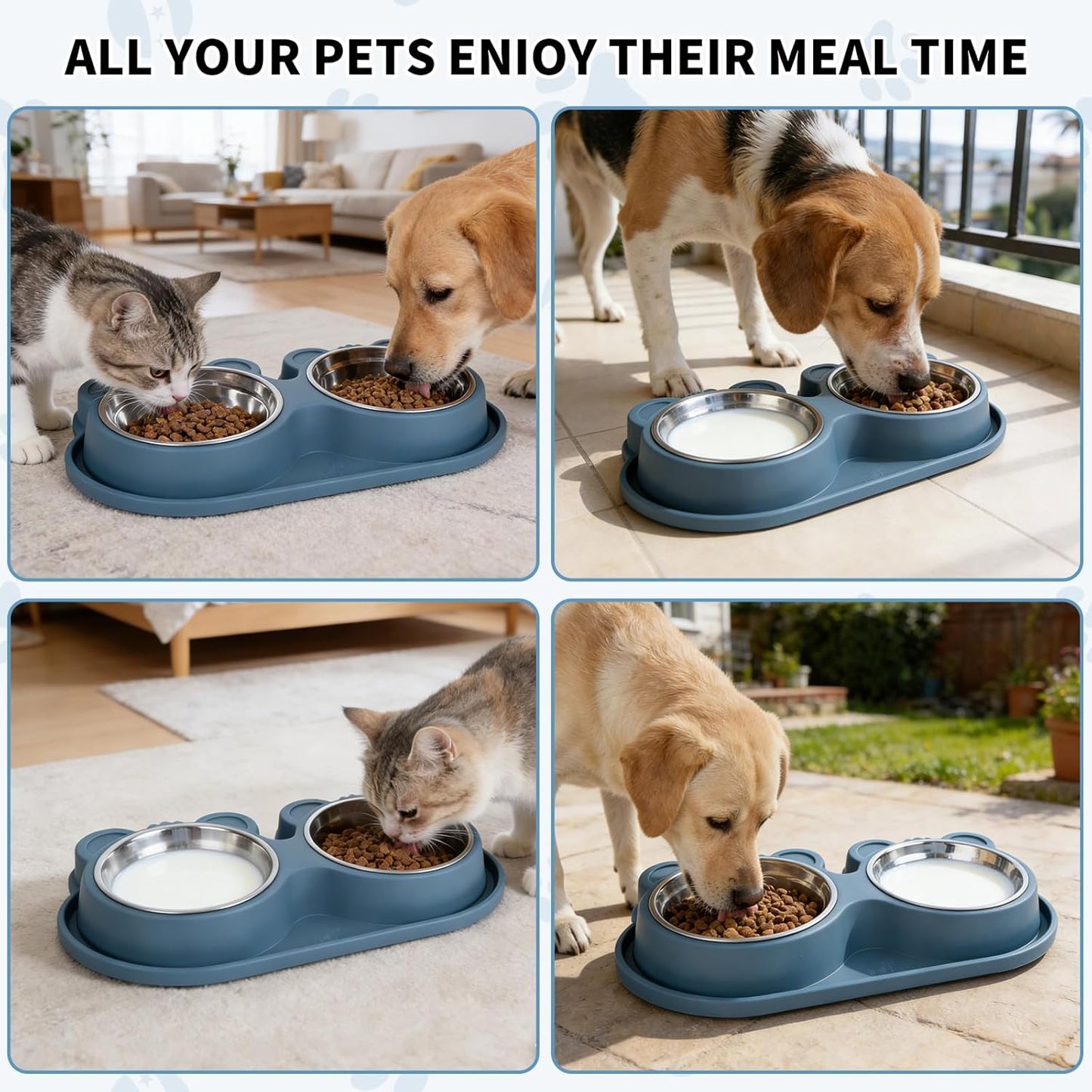 Stainless Steel Double Pet Bowls with Non-Slip Base, Detachable Dog Cat Food and Water Feeder Set, Anti-Spill & Easy to Clean Pet Feeding Bowls for Small Dogs & Cats