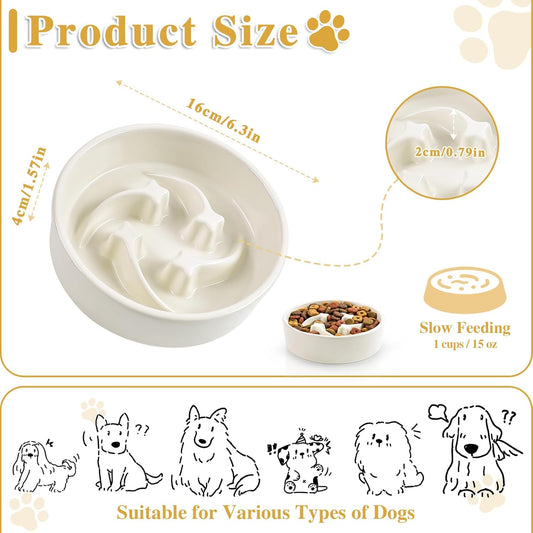 Ceramic Slow Feeder Dog Bowls, 1 Cups Dog Food Dish for Small and Medium Breed, Puzzle Dog Food Bowl for Fast Eater, 15OZ, 6.3 inch(Beige)