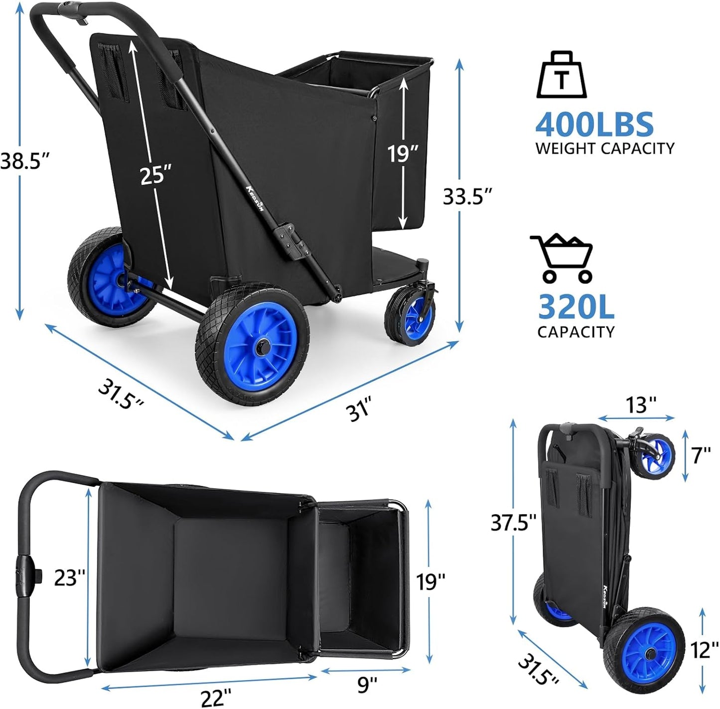 KEDSUM Beach Wagon with Big Wheels for Sand, 400LBS Heavy Duty Beach Cart with 12" All Terrain Rubber Wheels, 320L Large Capacity Collapsible Wagon for Garden Sports Camping Outdoor Activities