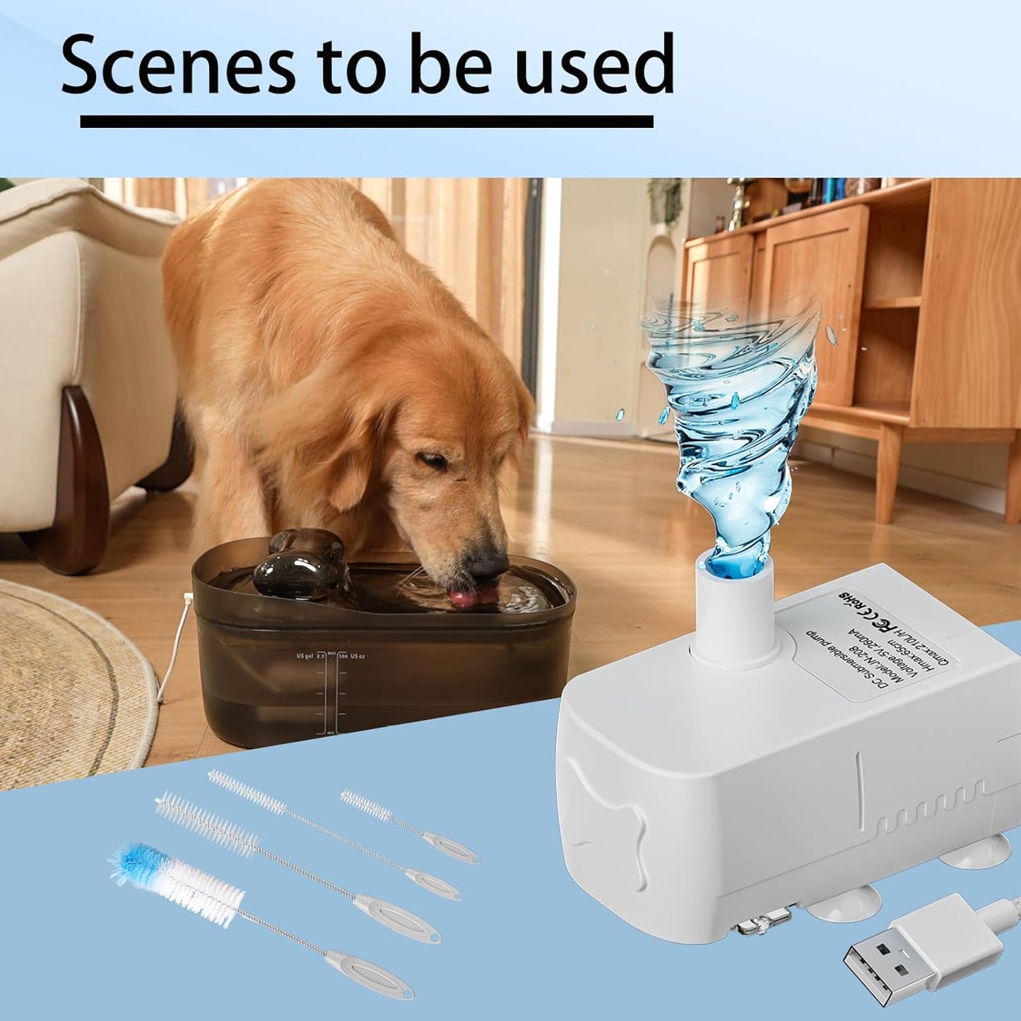 Replacement Pump for 2.3gal/300oz Large Dog Water Fountains has a 6-Foot Power Cord with Tear-Resistant Design Ultra-Quiet Energy-Efficient