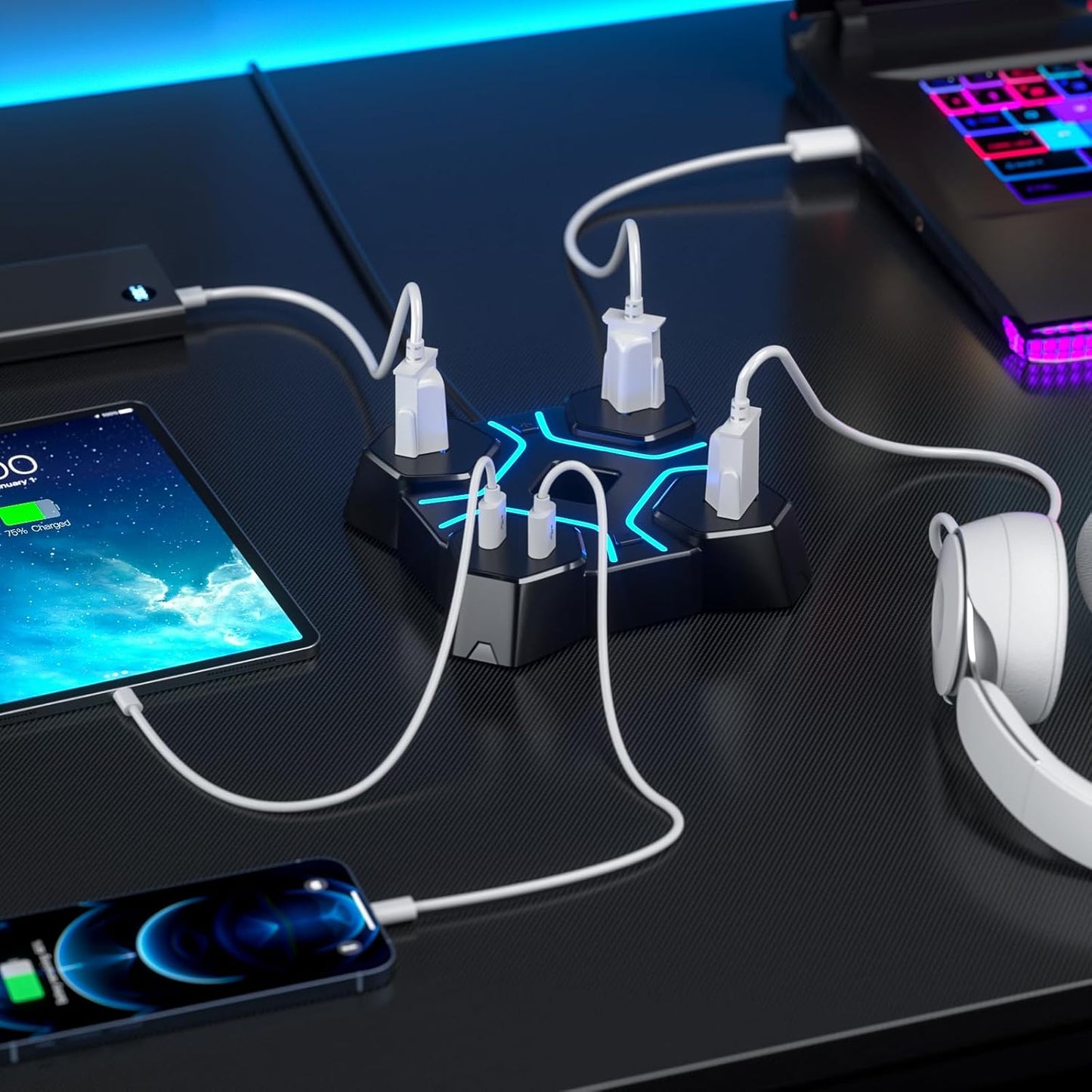 KDD Headphone Stand with USB Charger, Controller Stand for Desk, Headphone Holder with 2 USB Charging Ports and 3 AC Outlets, Accessories for Desktop(Black)