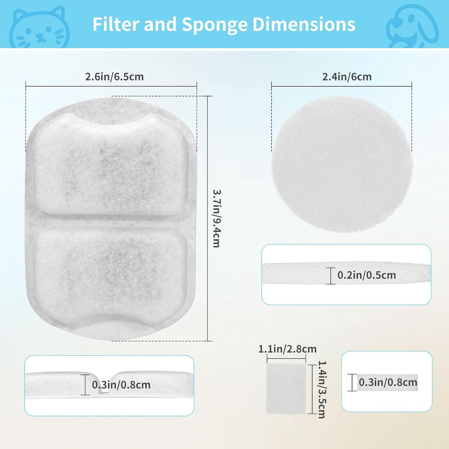 16 Set Dog Fountain Filter Replacement for 7L/230oz/1.8G Stainless Steel Dog Water Dispenser, YOIHABV Cat Fountain Filters, Triple Filtration Pet Water Filter, Replacement Filters and Sponges