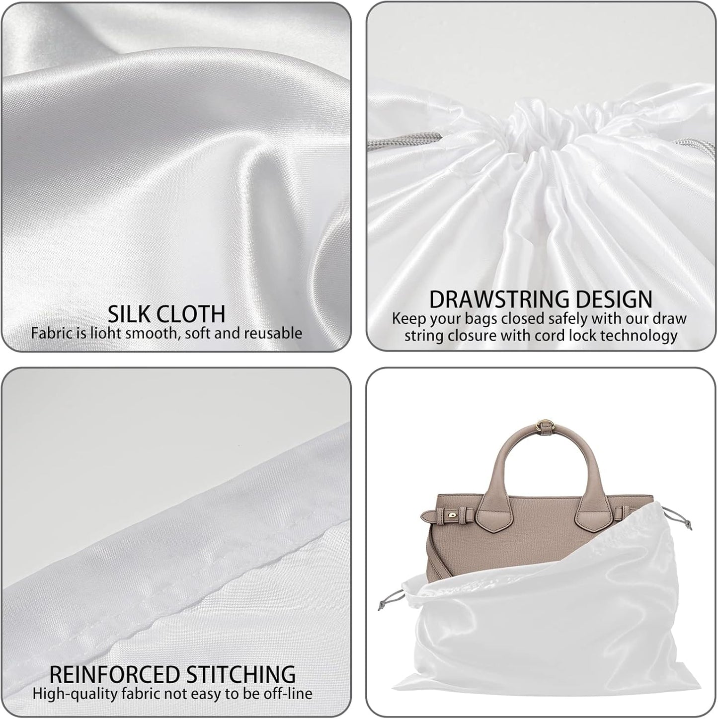 10 Pack Dust Bags for Purses and Handbags, Silk Dust Cover Storage Bag with Drawstring Travel Storage Pouch for Handbag Purse Shoes Boots (White, 23.6 × 19.6 in)