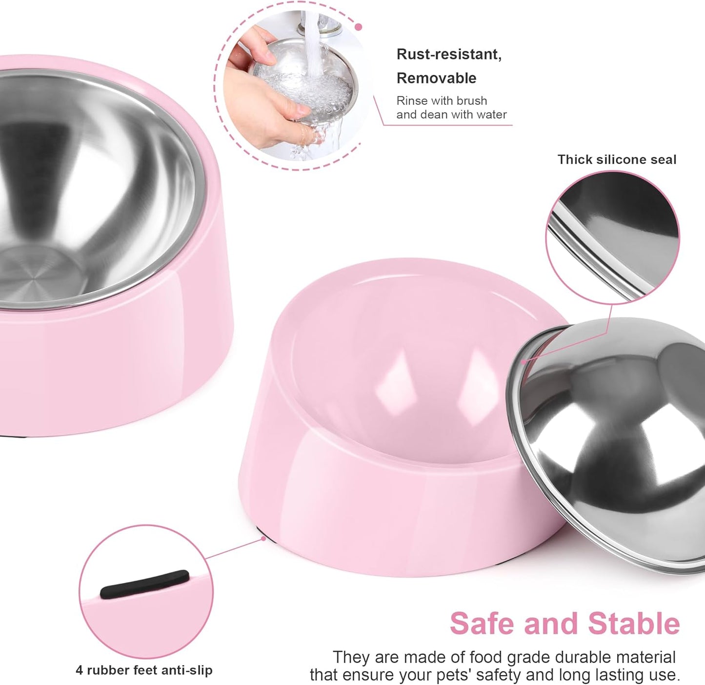 Tilted Dog Bowl Non-Slip & Non-Spill Pet Feeder with Elevated Detachable Melamine Stand, Easy to Get Food Dog Dish, M/180ml Pink