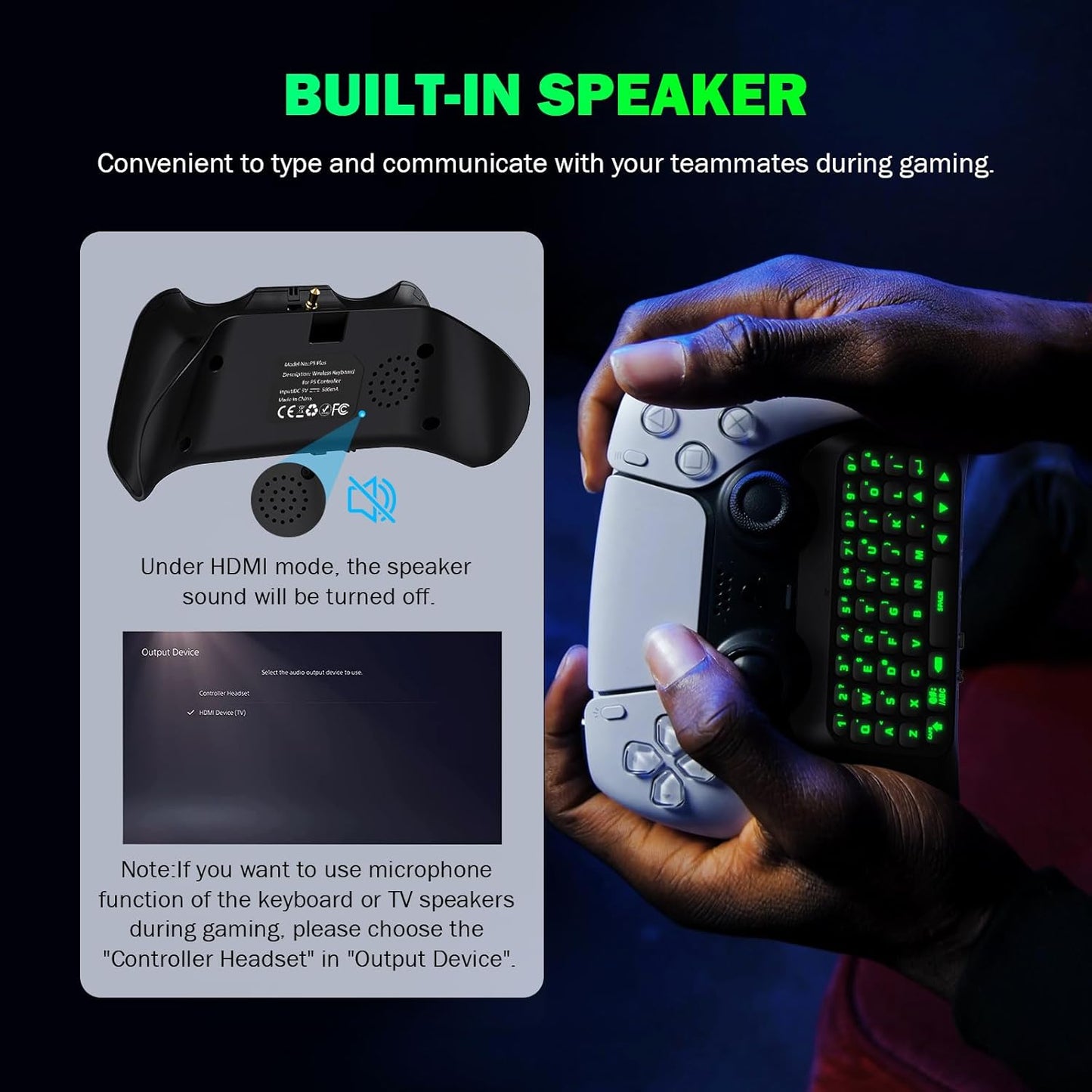 MoKo Keyboard for PS5 Controller with Green Backlight, Bluetooth Wireless Mini Keypad Chatpad for PlayStation 5, Built-in Speaker & 3.5mm Audio Jack for PS5 Controller Accessories