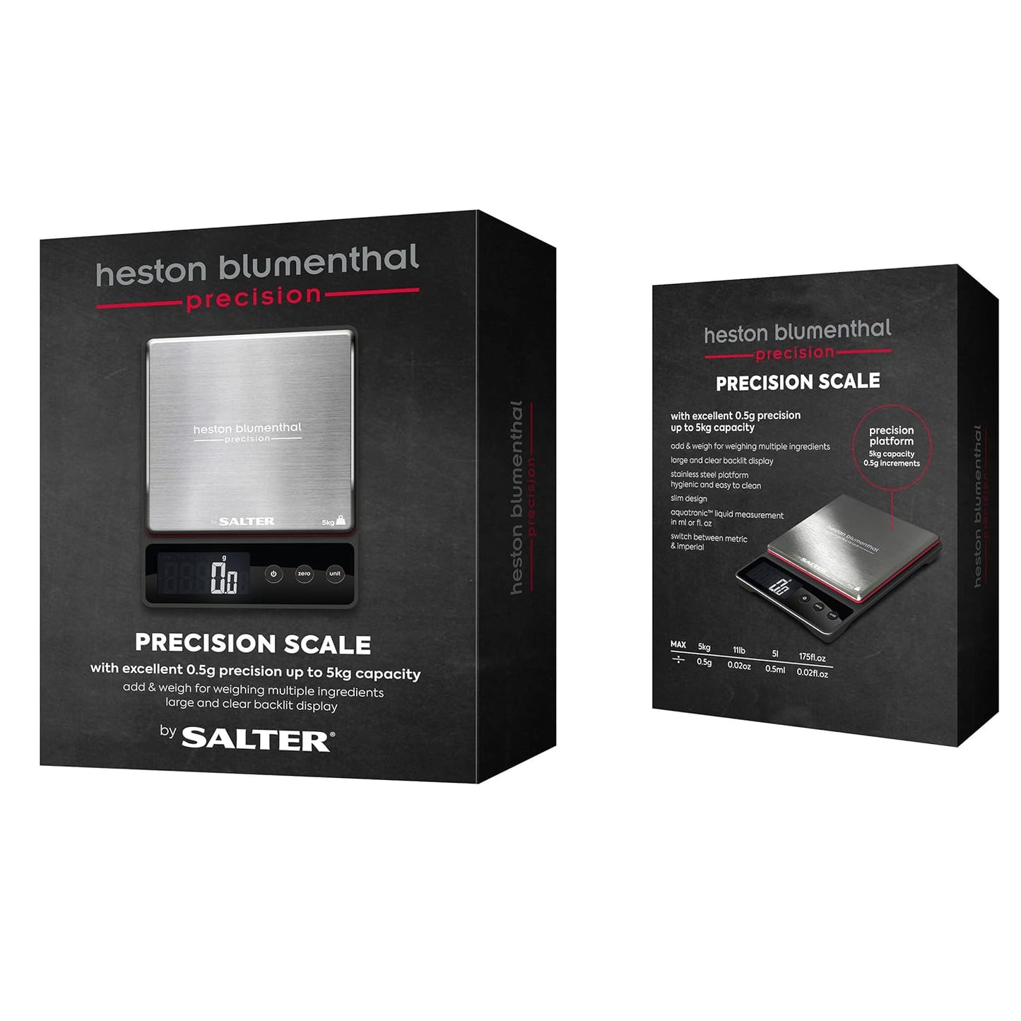 Salter Heston Blumenthal Precision 1140A HBBKDR Digital Kitchen Scales - Premium Compact Baking/Cooking Scale, for Weighing Food/Coffee and Liquid, 0.5 g Increments, Slim, Stainless Steel/Black