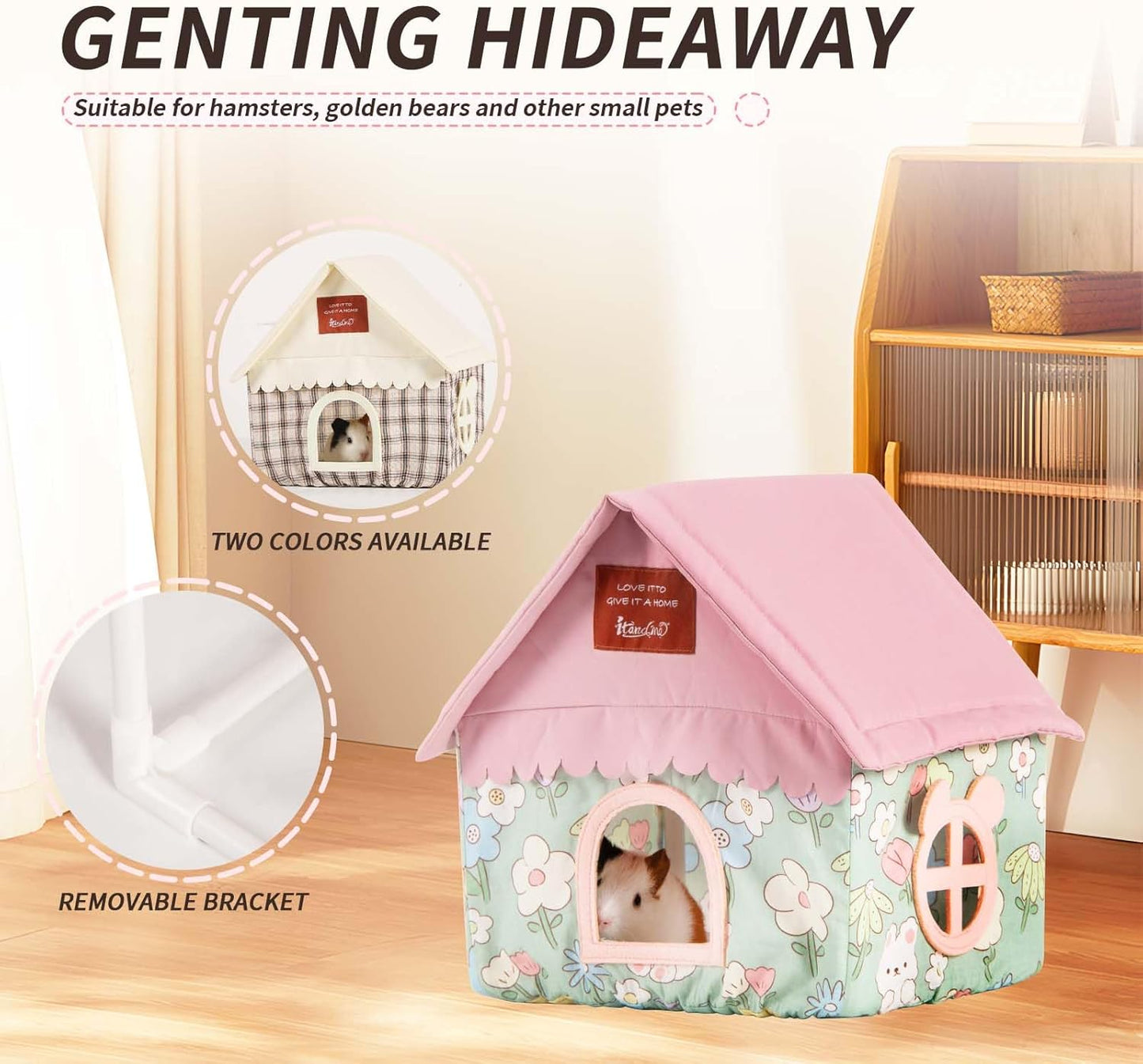 Hamster Hideout Hamster House & Rat Hideout with Removable Bracket, Breathable Small Animal Bed for Hamsters, Golden Bears - Easy Clean, No Bottom Design, 10.43” L x 9.25” W x 7.48” H (Pink)