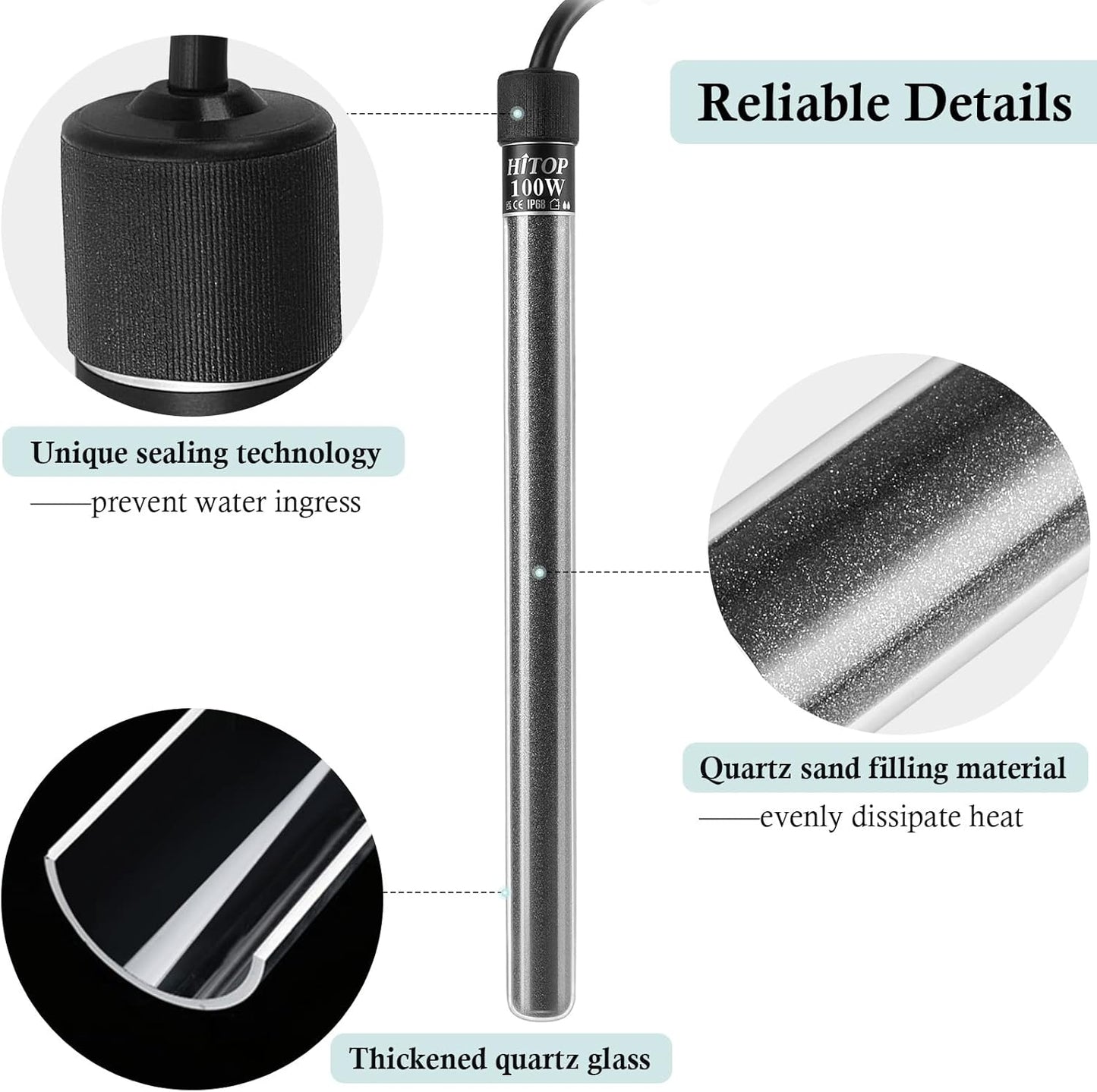 HITOP Compact Submersible Aquarium Heater -100W Digital Heater for Fish Tank Turtle Tank 10-25 Gallon, Saltwater and Fresh Water with Temperature Controller (100W)