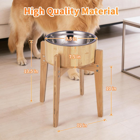 Elevated Dog Bowls for Large Dogs Feeder Two Bowls with a Stainless Steel and Bamboo Dishes,Raised Dog Bowl Stand with Non-Slip Feet,Ideal for Medium and Large Breeds, (13.5-inch High)