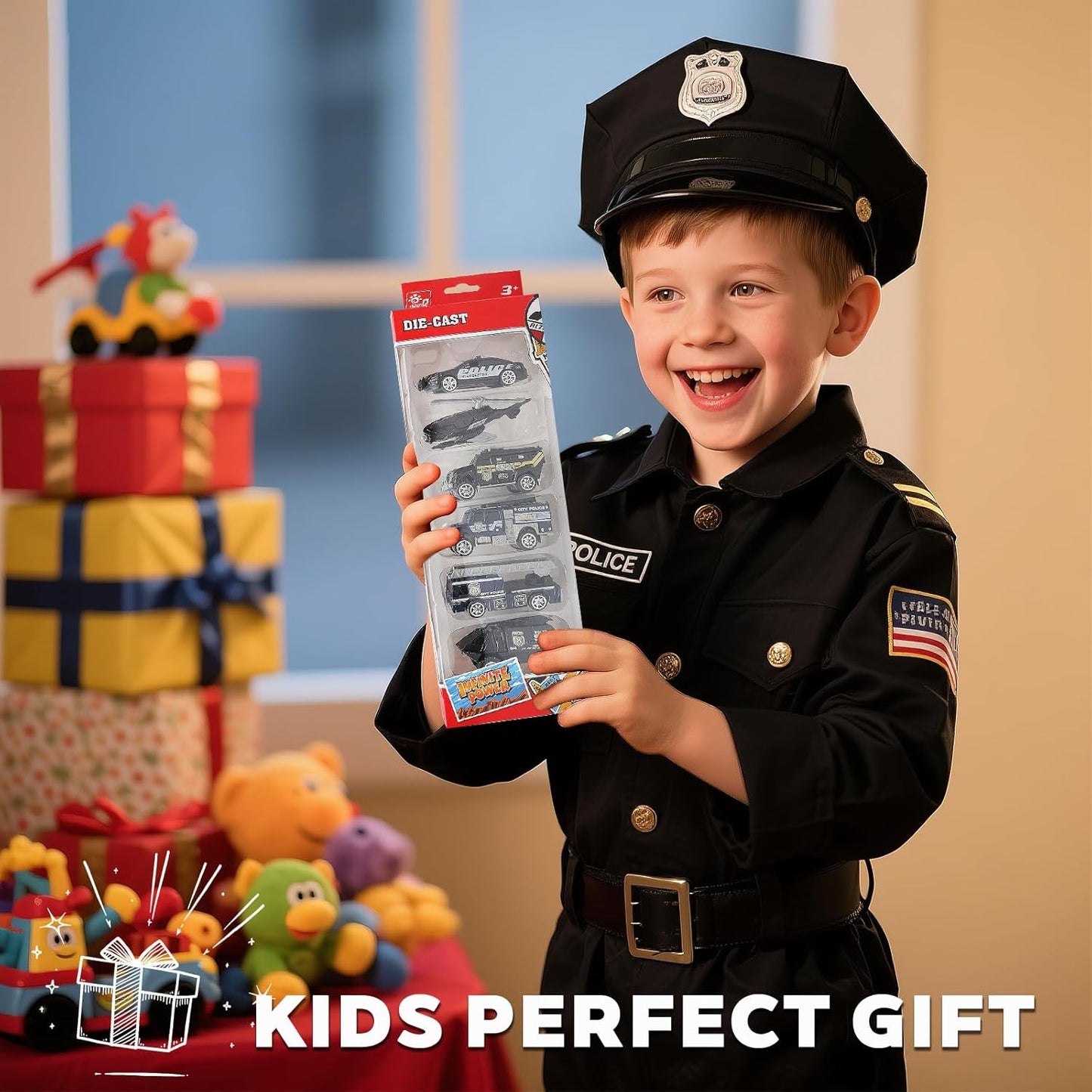 6 Pack Diecast Police Car Toy Set โ Mini Alloy Police Vehicles for Boys Ages 3-7, Includes Armored Car, Rescue Truck, Bulletproof SUV, Military Helicopter โ Birthday Gift for Kids