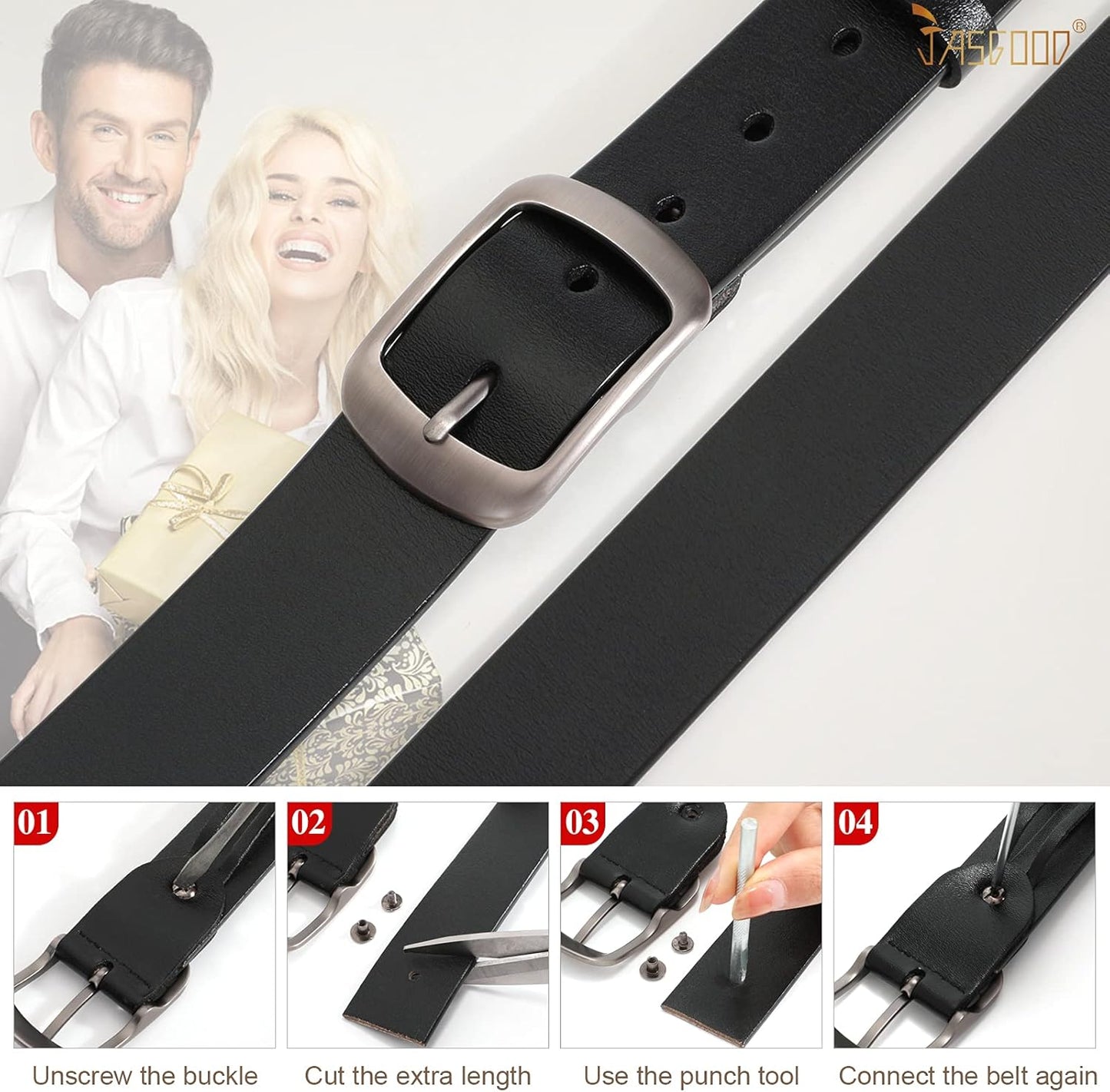 JASGOOD Plus Size Women Leather Belt Black Casual Waist Belt for Jeans Pants with Metal Pin Buckle
