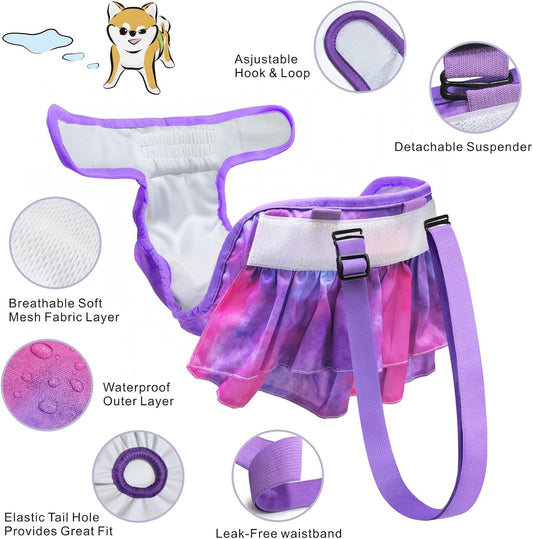 Idepet Female Dog Diapers with Suspender Detachable, 3 Pack Tie Dye Washable Reusable Girl Doggie Diapers Skirts for Small Medium Female Dog in Heat Period Cycle Urinary Incontinence Training S
