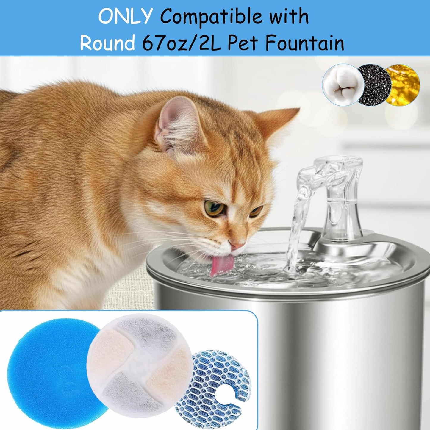 8 Pack Cat Water Fountain Filter Replacements β Compatible with 2.2L/73oz Round Stainless Steel Automatic Pet Fountain, Activated Carbon & Triple Filtration System