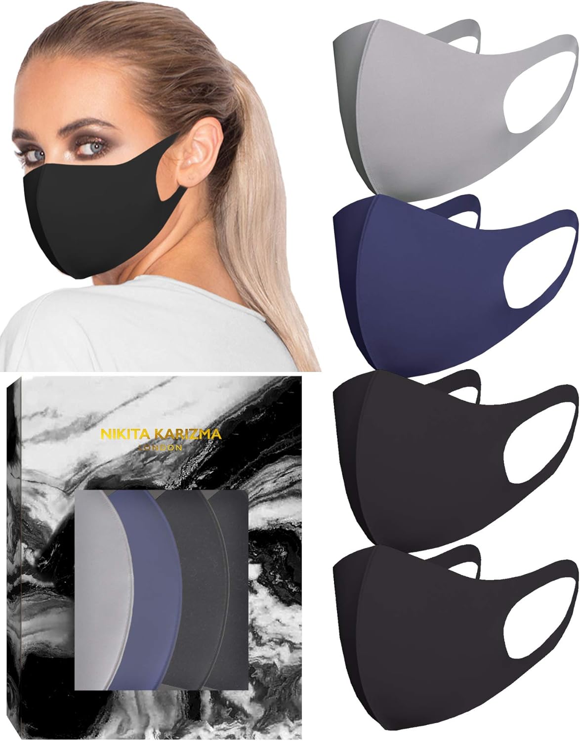 KARIZMA Styling Essentials Cloth Face Mask. 4 Buttery Soft Masks Washable Fabric. (Twilight) Navy, Grey and 2x Black Face Mask Reusable. Fabric Face Mask 4 Pieces