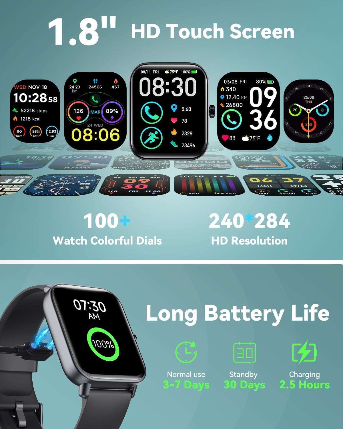 Smart Watches for Women/Men, Smart Watch for Android Phones and iPhone Compatible, Alexa Built-in, 1.8" Fitness Watches for Women, IP68 Waterproof /Bluetooth Call, Heart Rate/Sleep Monitor, Two Bands