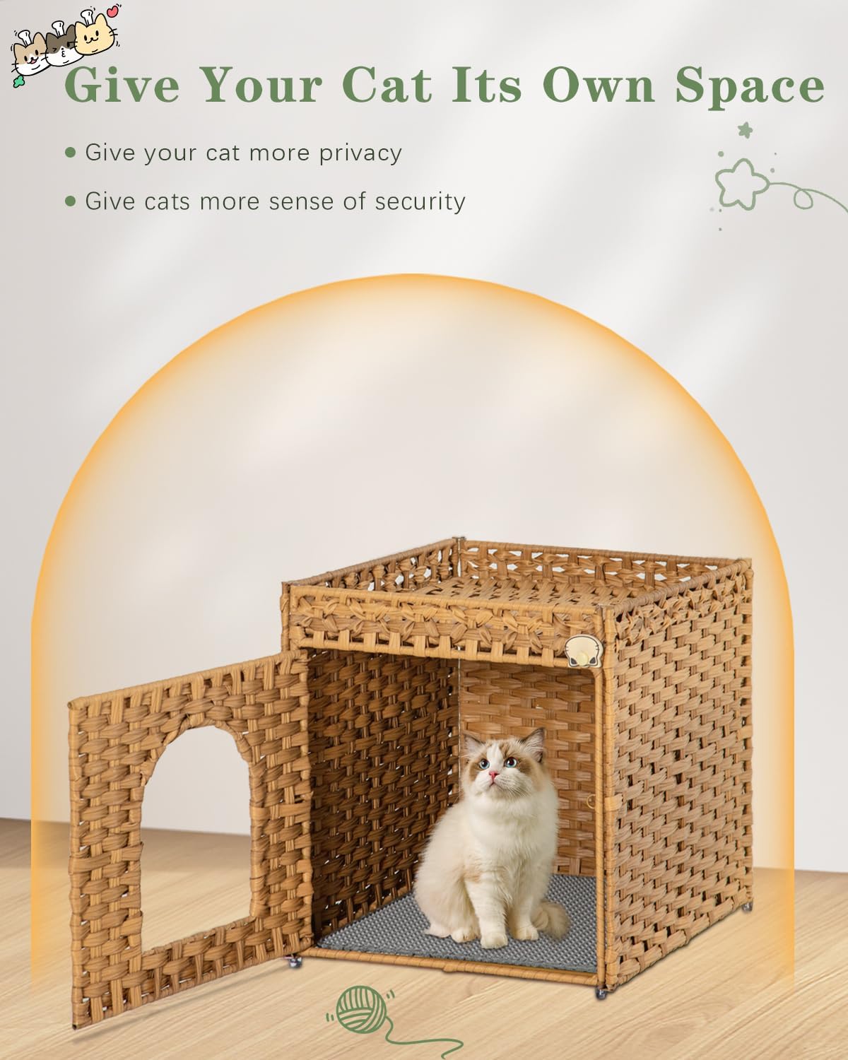 Cat Litter Box Enclosure Furniture, Hidden Litter Box with Mat and Fence, Handwoven Rattan Cat House with Two S-Shaped Hooks for Living Room, Bedroom, 18.5 x 20.5 x 19.1 Inches (Natural)