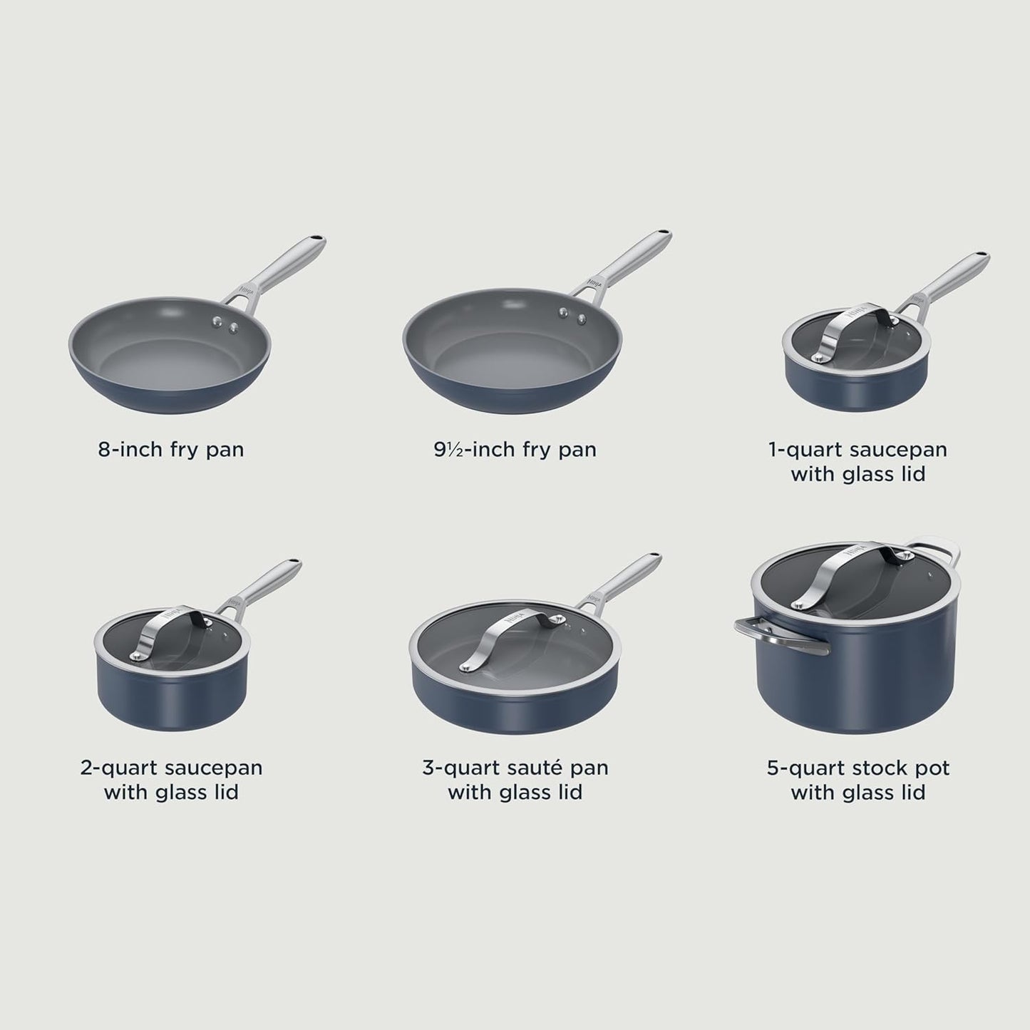 Ninja Ceramic Pro 10Piece Cookware Set, NonStick Pots & Pans Set with Glass Lids, Nontoxic, PTFE Free, Ceramic Coated, Stove to Oven Safe, All Stovetop & Induction Compatible, Midnight Blue, CW39010MM