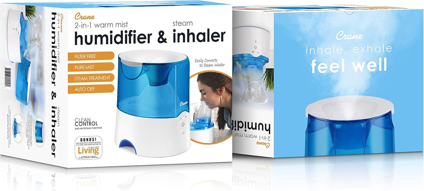 Crane Steam Inhaler & Warm Mist Humidifier, 0.5 Gallon, Humidifier FSA Eligible, Blue & White, Ideal Humidifiers for Bedroom, Sinus Inhaler, Vaporizer HSA, Vaporizer For Congestion