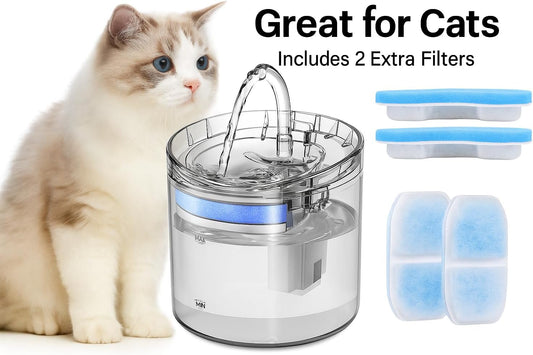Pet Water Fountain for Cats and Dogs, 2.0L Transparent Automatic Water Dispenser with 3 Filters Included (Extra 2 Bonus Filters) – Quiet Pump – Model WF060
