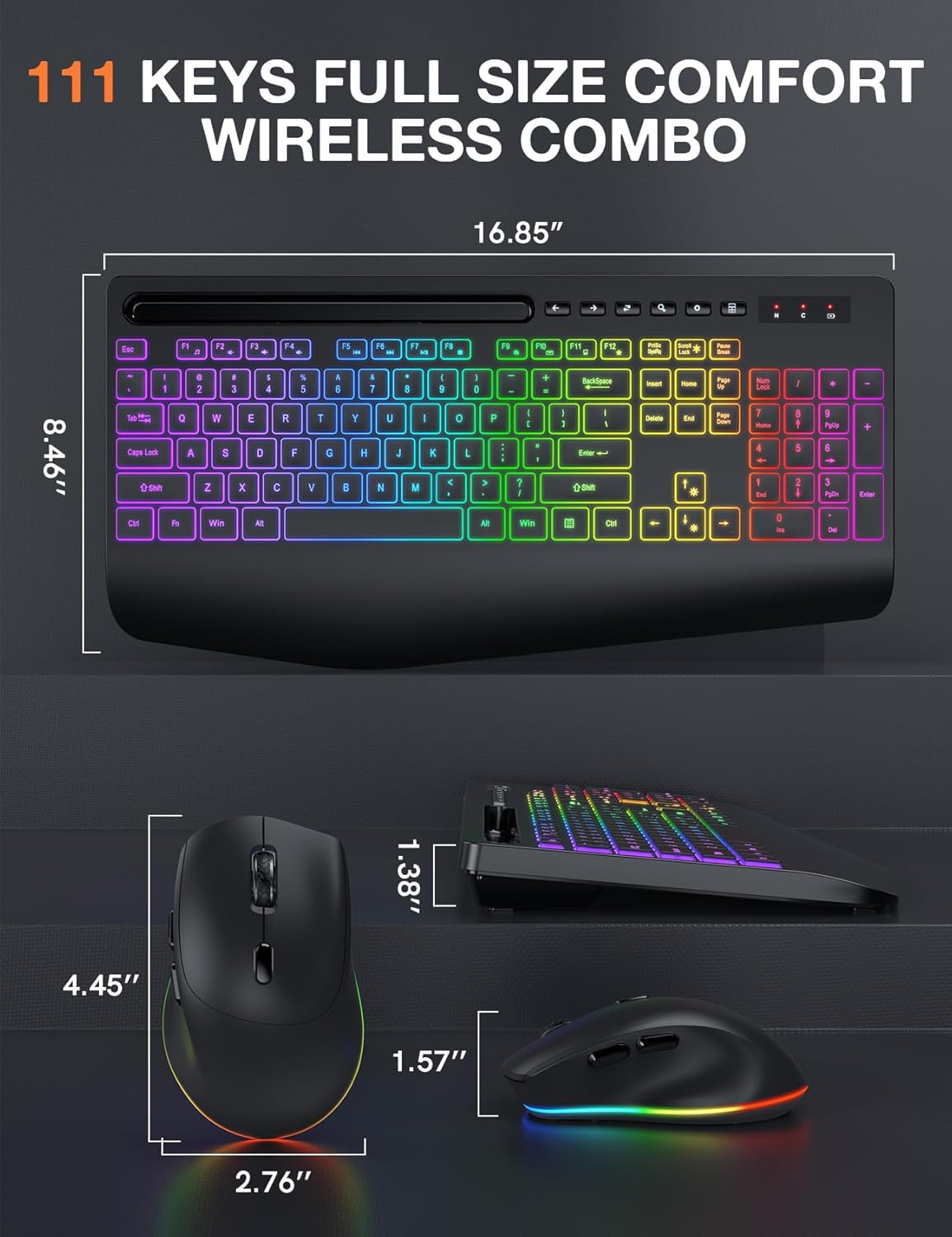 Wireless Keyboard and Mouse Combo - 9 Backlit Effects, RGB, Ergo Wrist Rest, Phone Holder, 2.4G Full Size, Rechargeable, Sleep Mode, KM22 MAX Quiet Set for Computer, PC, Laptop, Mac, Windows- SABLUTE