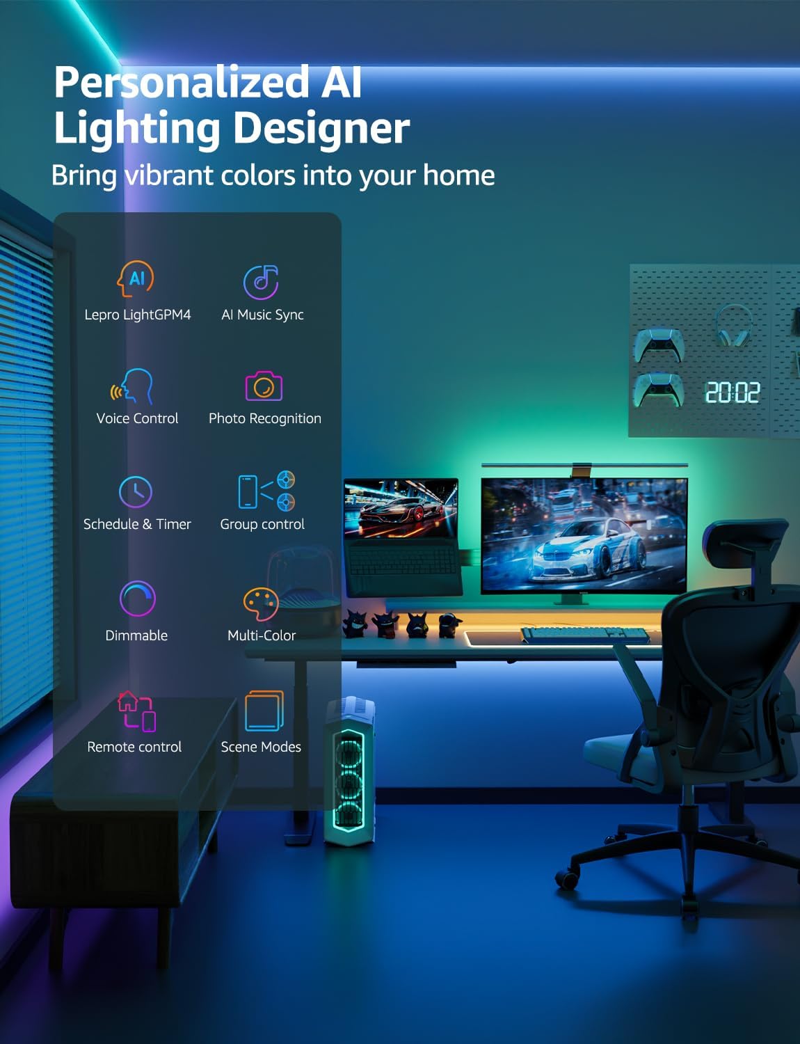 Lepro SE1 AI Smart LED Strip Lights - 32.8ft RGB Color Changing Light Strips with APP Control, AI Generated Lighting, Music Sync, 2.4GHz Wi-Fi & Bluetooth LED Lights for Home Decor (No Remote)