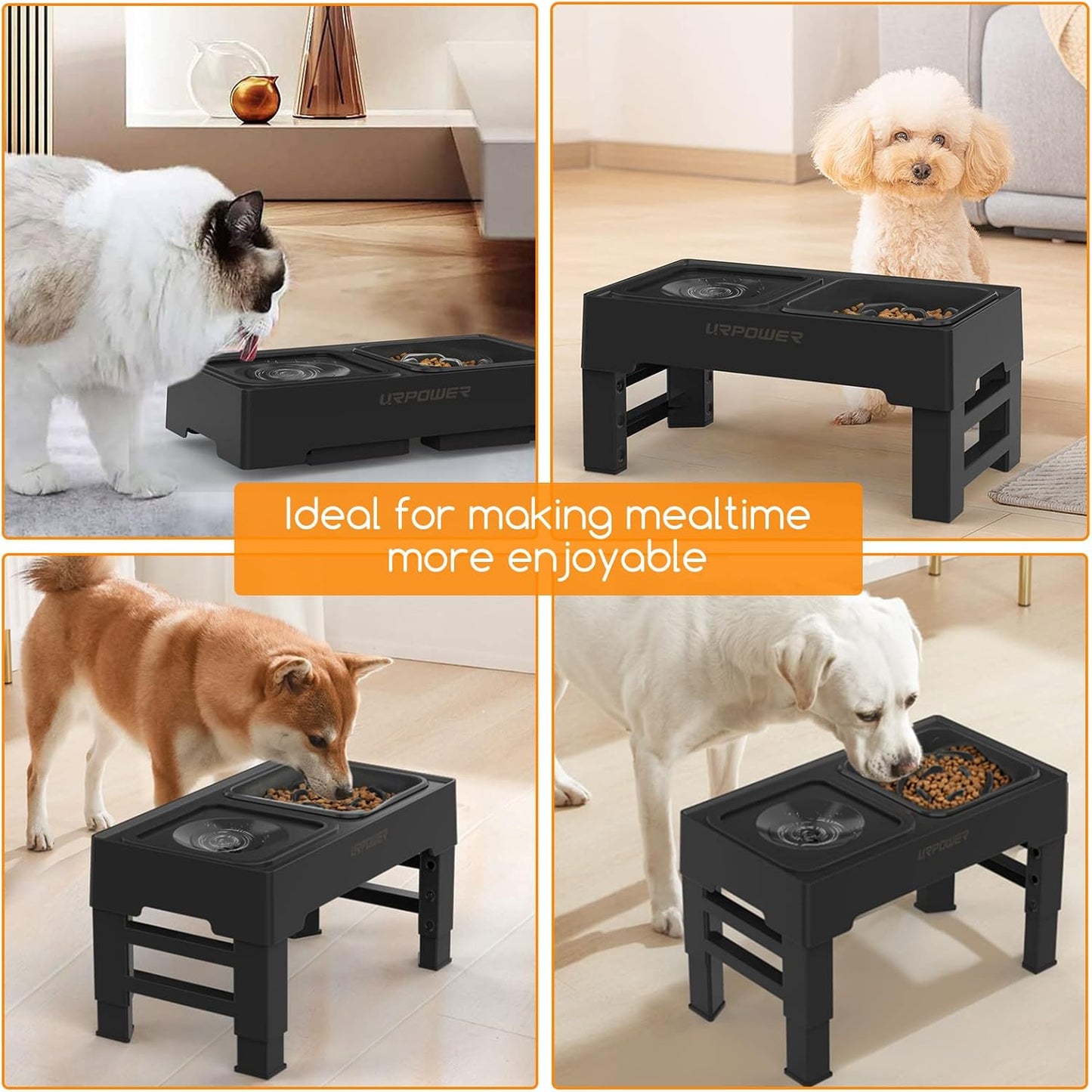 URPOWER 2-in-1 Elevated Slow Feeder Dog Bowls with No-Spill Water Bowl, 4 Height-Adjustable Raised Dog Bowls, Non-Slip Food and Water Bowls with Stand for Small, Medium, Large Dogs, Cats and Pets