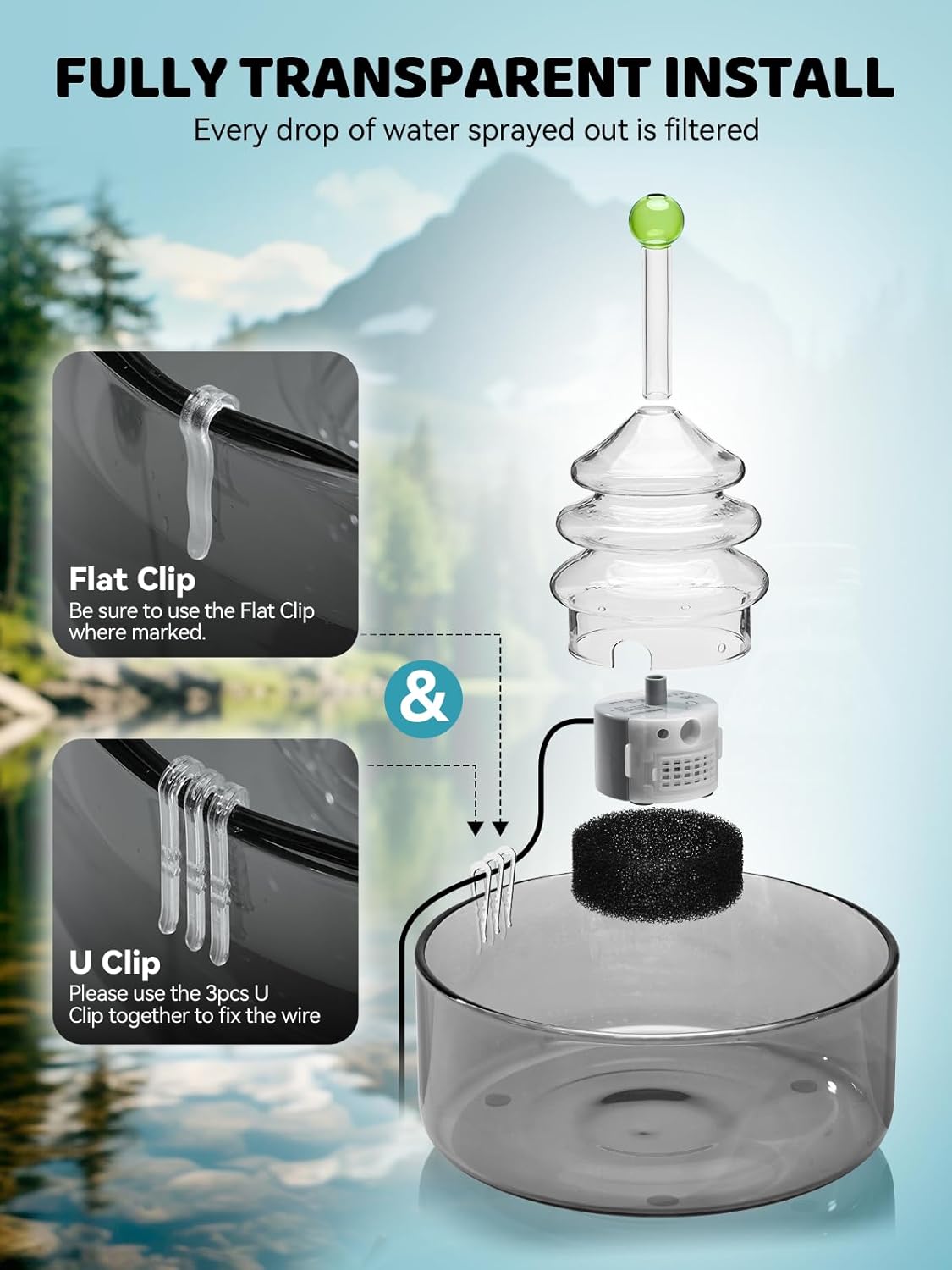 All-Glass Cat Water Fountain, 3.2L/108oz Glass Pet Fountain with LED Light, Automatic Water Dispenser for Cats (Grey)