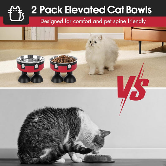 Elevated Cat Food Water Bowls,2 Pack Raised Cat Dog Bowls with Stand,Stainless Steel Cute Cat Dishes for Cats Dogs Kitten Puppies Small Pets Feeding Non-Slip Base