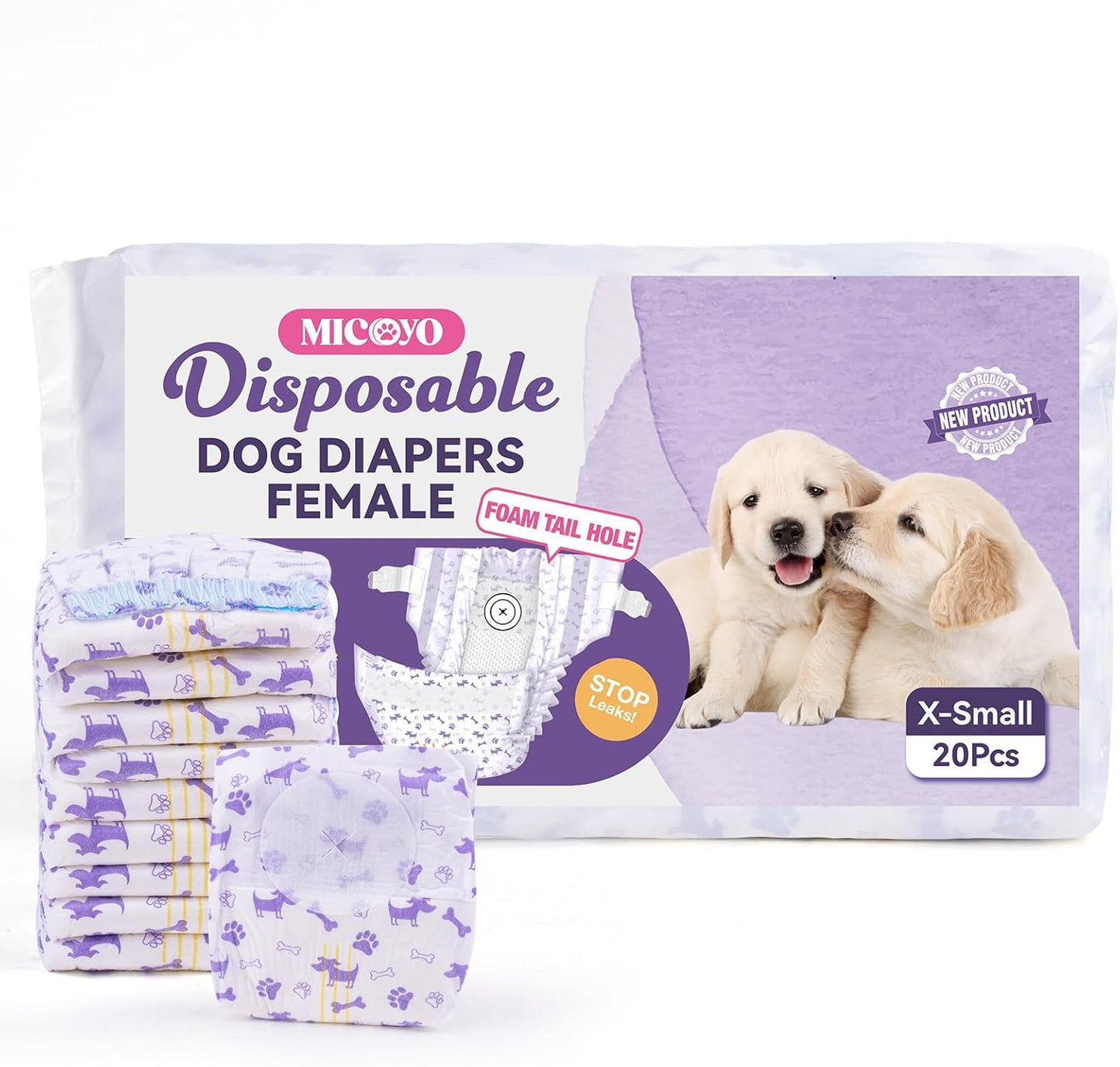 MICOOYO Disposable Dog Diapers Female, Doggie Diapers for Dogs Female, Super Absorbent Pet Diaper with Foam Tail Hole for Heat, Comfortable Puppy Diaper (20Count, X-Small)