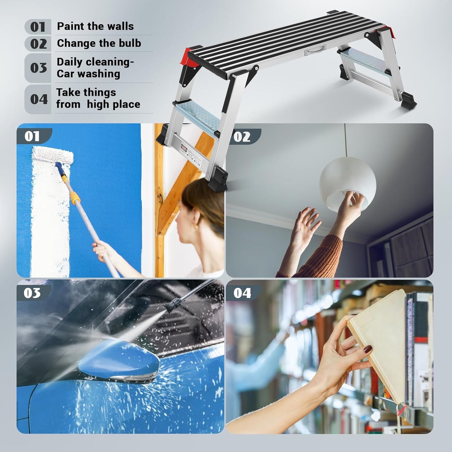 Work Platform, Aluminum Step Ladder, 36"×12"×18" Step Platform Non-Slip, Heavy Duty Folding Work Bench 330 lbs Load Capacity for Washing Vehicles, Cleaning, Painting