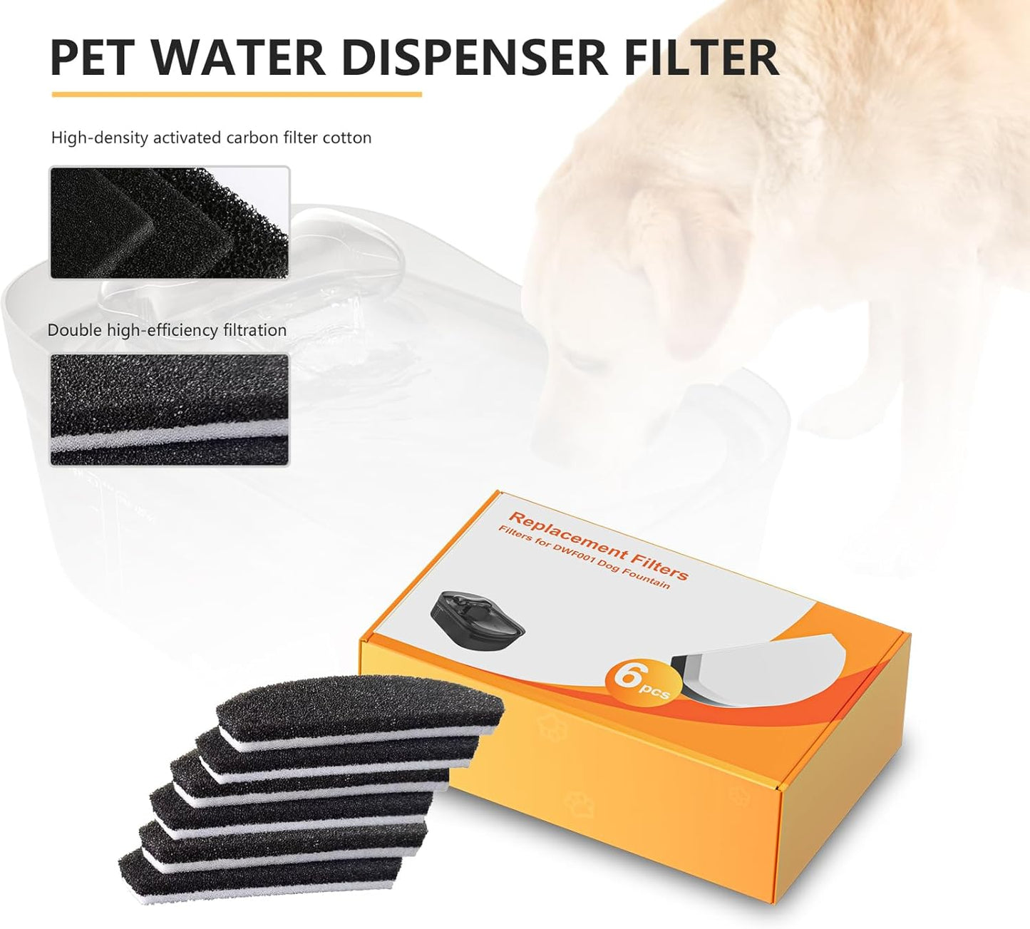 6 Pack Replacement Filters for 2.3gal/300oz Dog Water Fountains Multi-layer Filtration Including a Sponge Layer Ion Exchange Resin Layer and Activated Carbon Layer