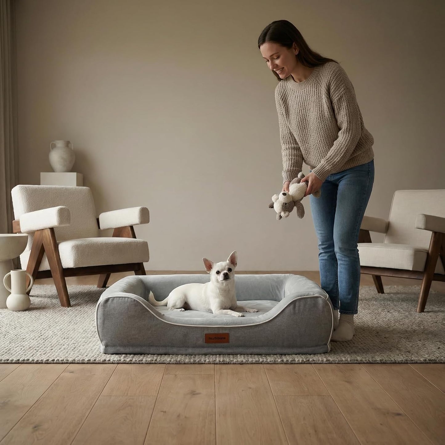 24 Inch Orthopedic Dog Couch Bed for Small Dogs/Cats,Cooling Gel Memory Foam + Egg Crate Foam,Waterproof Removable Washable Cover,4-Sided Bolster,Non-Slip Bottom,Grey