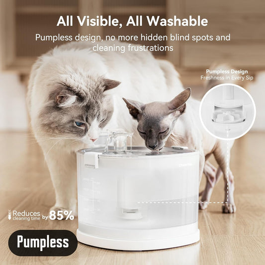 Cheerble Pumpless Cat Water Elfin Fountain, Wireless Pet Fountain Battery Operated, 2L/67oz E1+ Automatic Water Dispenser Cats & Dogs MagDrive™ Technology Stainless Steel Tray, No Cleaning Hassle