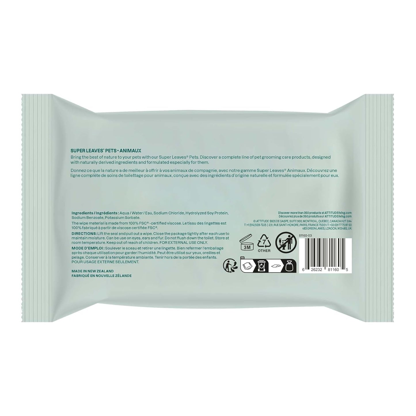 ATTITUDE Pet Wipes for Dogs & Cats, 99% Water, EWG Verified, Gentle & Unscented Cleaning Wipes for Paws, Ears, Face & Body, Deodorizing, Safe for Puppies & Kittens, 72 count