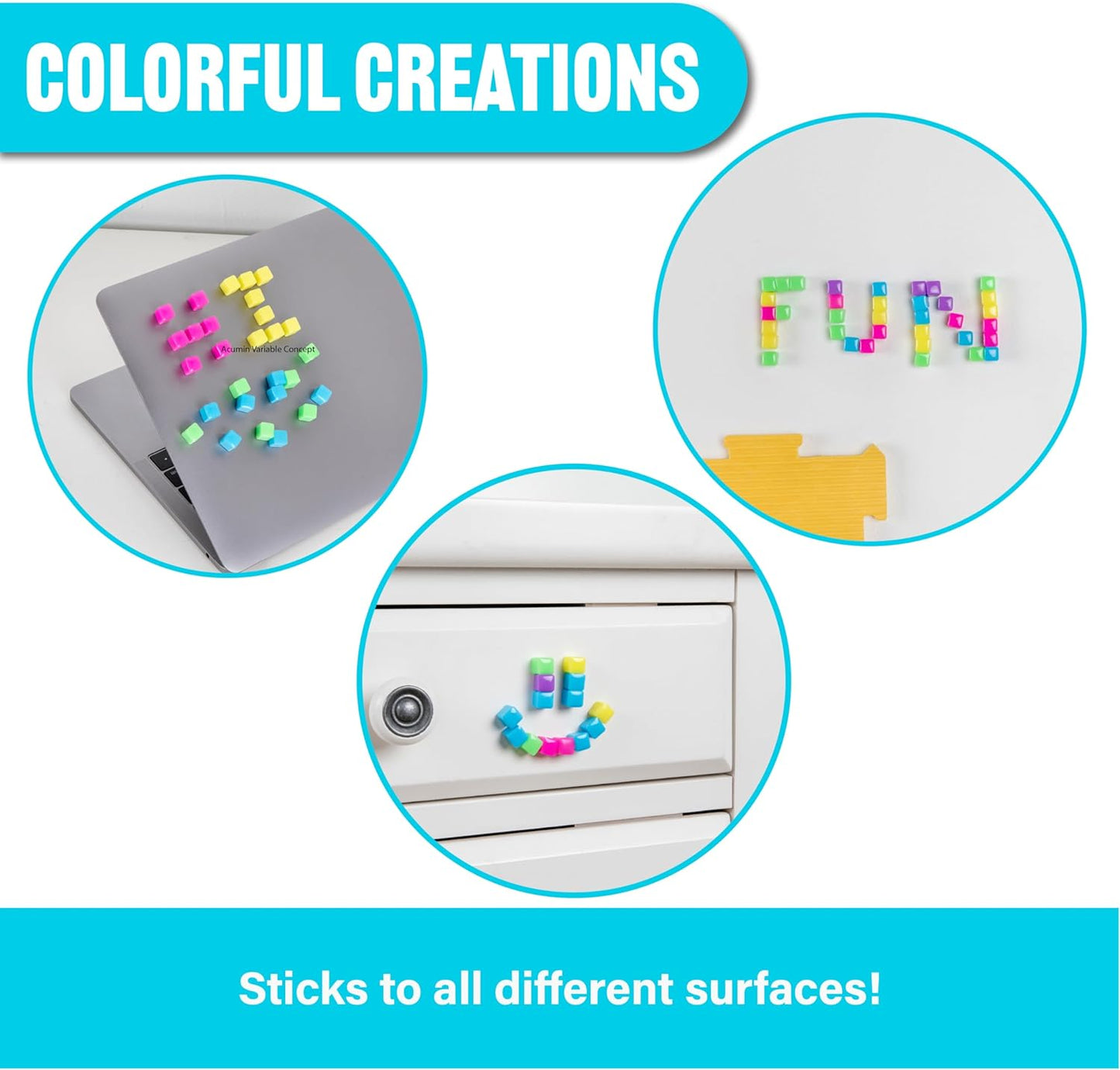 KOMARC GAMES StickiKubes, Mini Stacking Cubes that Stick to Anything, Non Toxic Kid Safe Sticky Blocks, Creative Construction Toy - 125 Cubes, 5 Neon Colors, Tub