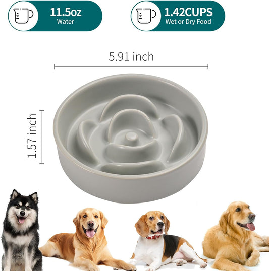 Grey Ceramic Slow Feeder Dog Bowl for Small and Medium Breeds,6.1 in Slow Feeding Bowl,Puzzle Dog Food Bowl for Fast Eater,Maze Dish for Fast Eater
