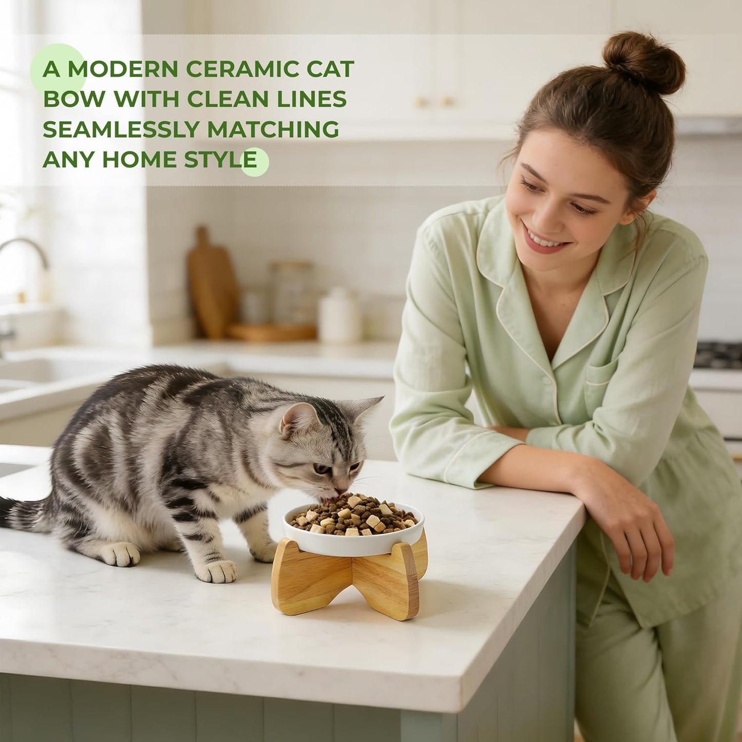 Raised Cat Bowls, 6.3'' Wide Shallow Elevated Cat Food Bowls, Ceramic Anti Vomit Pet Feeder with Stand, Anti Whisker Fatigue Neck Protective Feeding Dish for Kittens & Seniors (2 Pack)