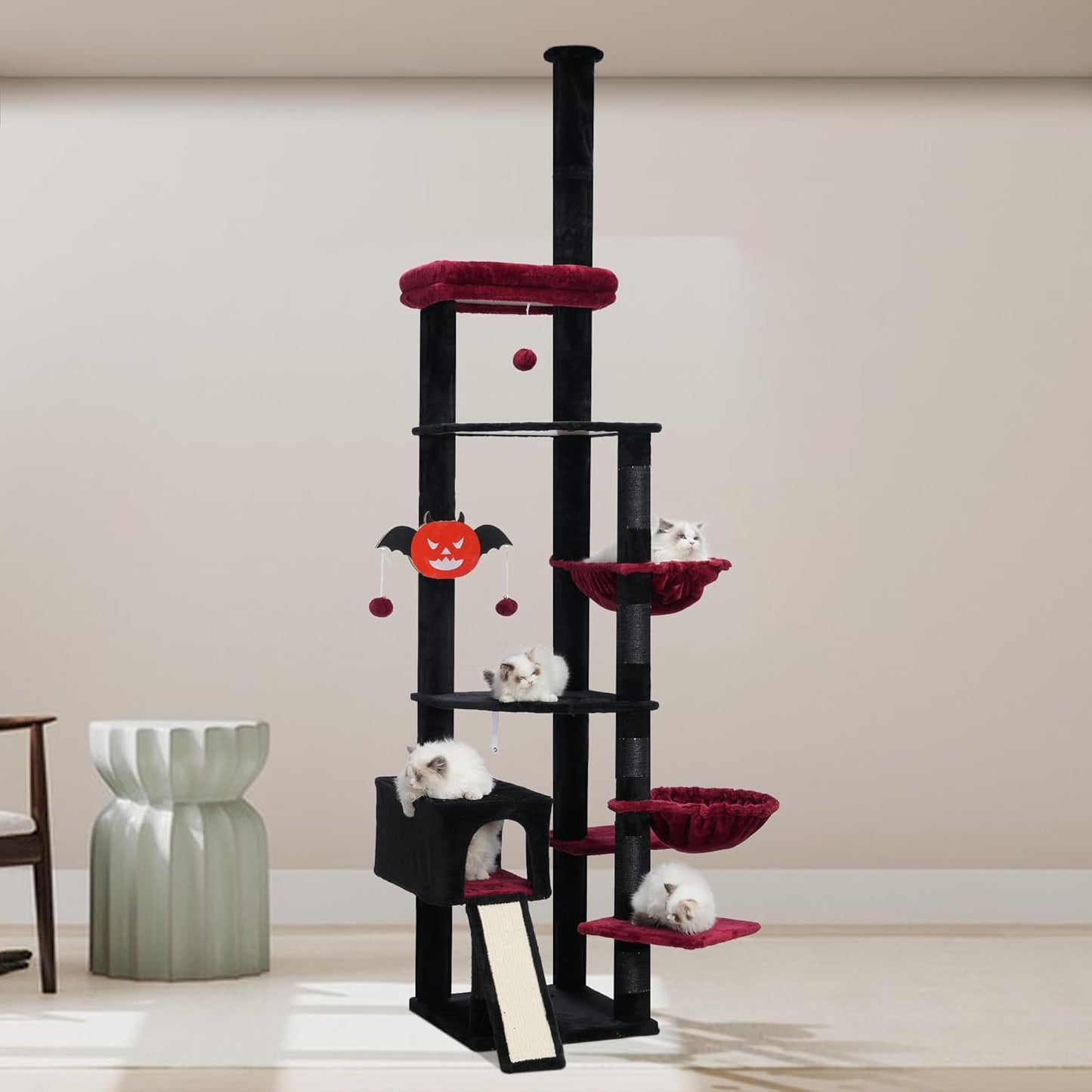 Heybly Cat Tree 92.5-104.3 Inches with Hammock, Floor to Ceiling Gothic Cat Condo, Tall Cat Climbing Tower Adjustable with Scratching Posts for Indoor Cats, Black and Red HCT091BR