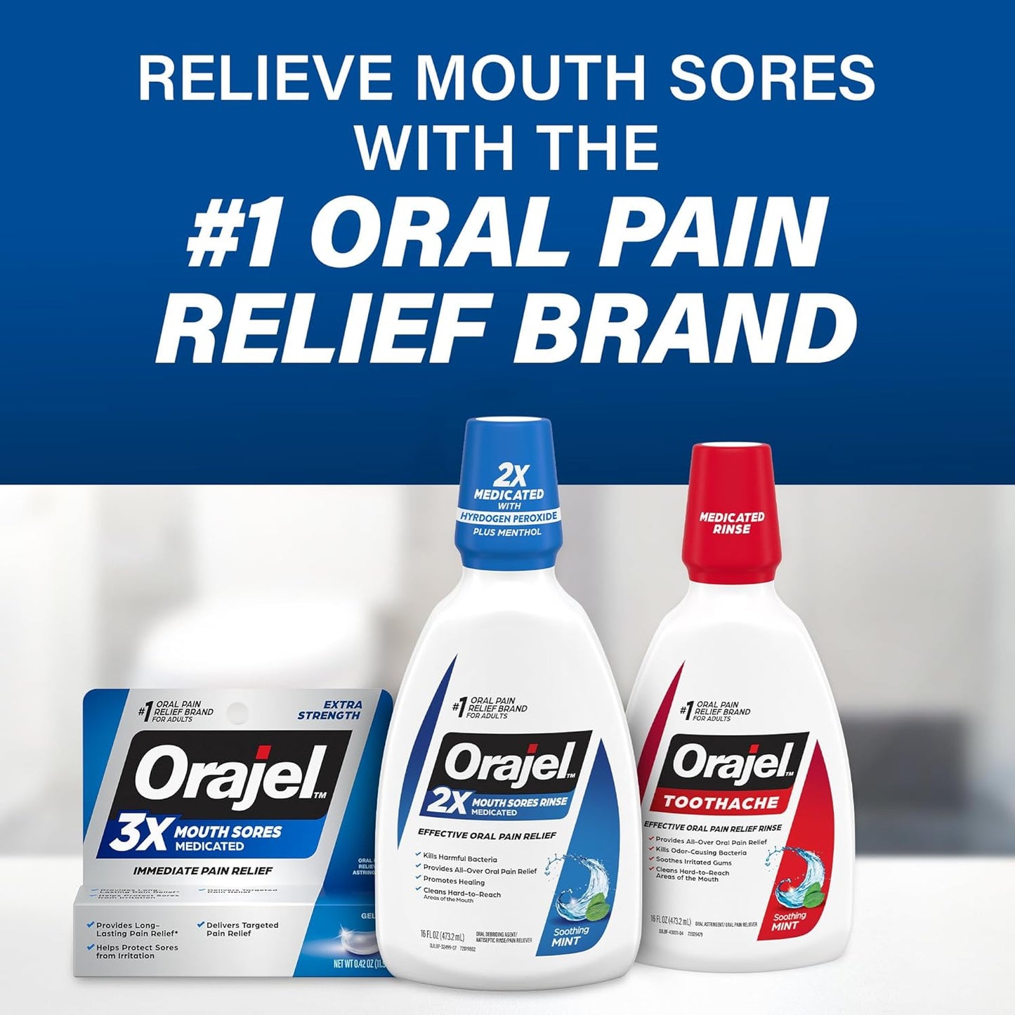 Orajel Nonseptic Mouth Sore Rinse 16oz, Soothing Mint Flavor, Provides Pain Relief, Promotes Healing, 3-Pack