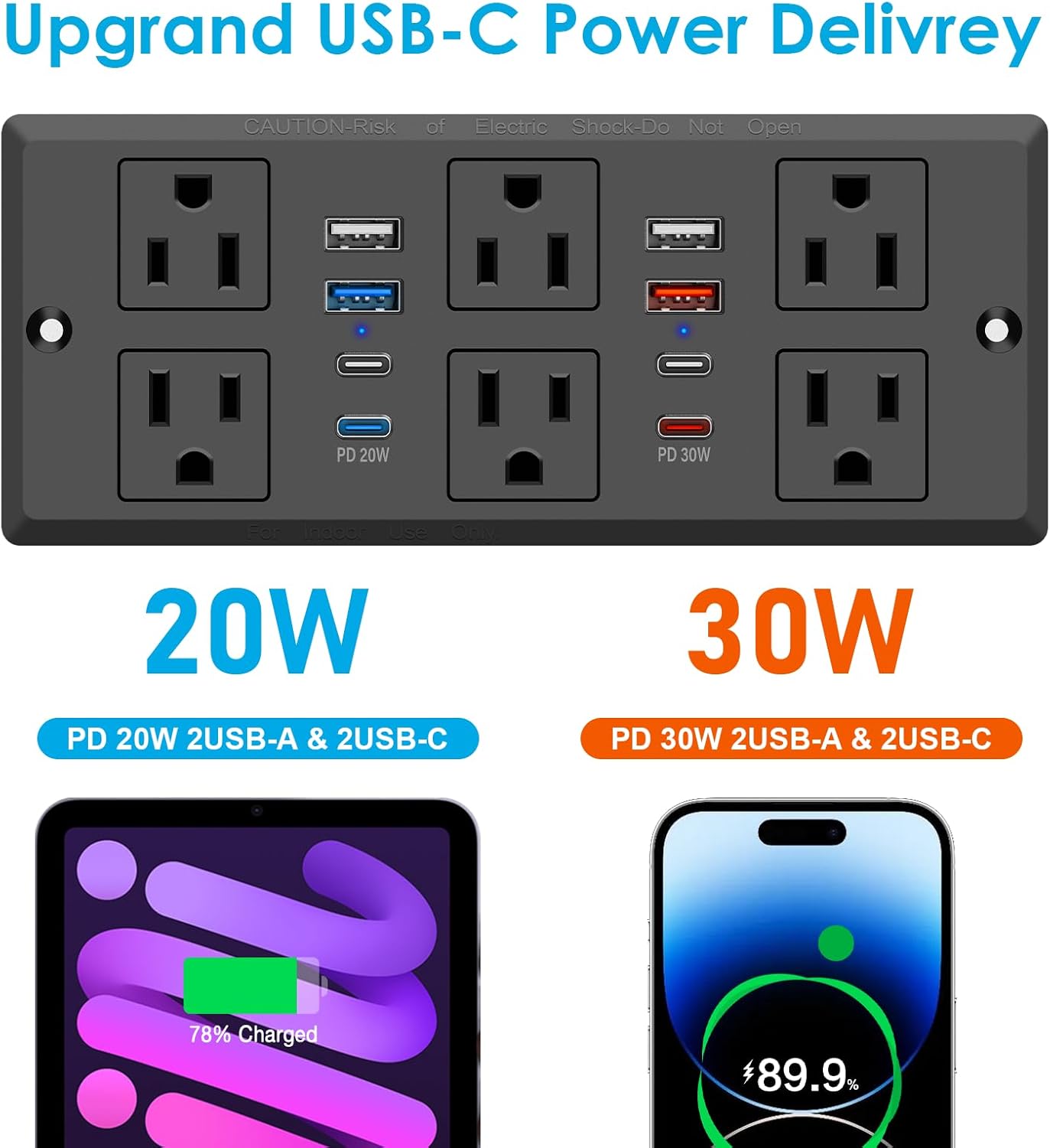 30W Recessed Power Strip USB C, Desk Flush Mount Outlet Plug in 6 AC & 8 USB Ports for Furniture Conference Power Hub, 6FT