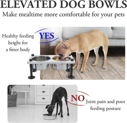 MyGift Vintage White Solid Wood Elevated Feeder with Industrial Metal Legs, 6.2" Tall Bowls for Medium Sized Dogs, Raised Food and Water Stand with 2 Stainless Steel Bowls
