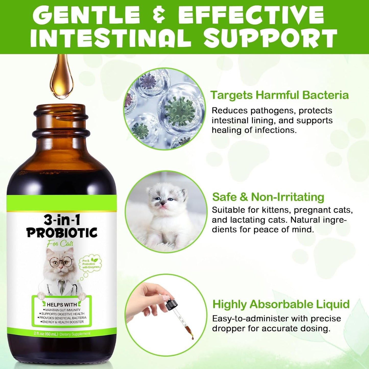 3-in-1 Probiotics for Cats with Digestive Enzymes & Prebiotics, 2 Pack for Cats of All Ages, Immune System & Diarrhea Relief, Supports Gut Health