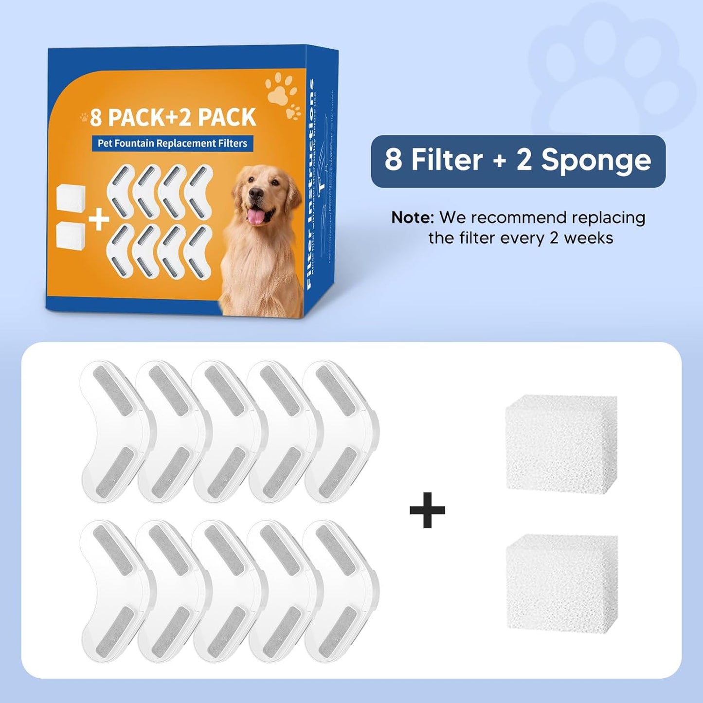 Dog Water Fountain Filters 8 Packs Filters & 2 Pack Sponge Foam Filters for 2.1GAL/8L/270oz Large Dog Water Fountain