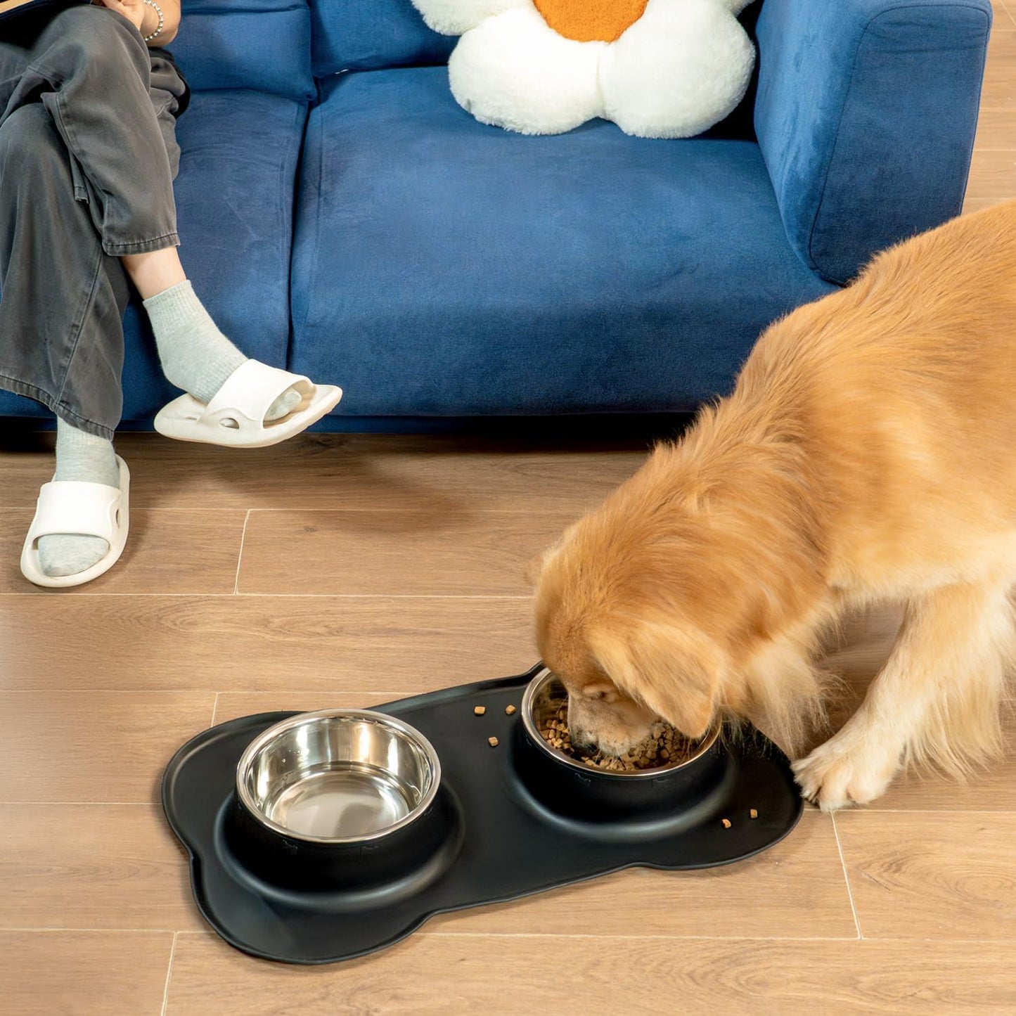 Dog Bowls with Non-Slip Silicone Mat, Spill Proof Large Food & Water Bowls Set, Easy Clean Dog Food Dish, Dishwasher Safe, Suitable for Dogs Cats Pet Under 90lbs, Large, Black